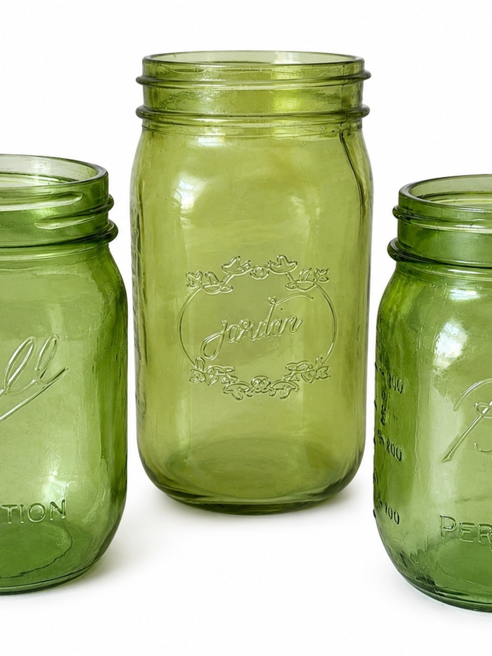 Set of 3 Vintage Green Jars-2 pint Ball/1 quart Jordan